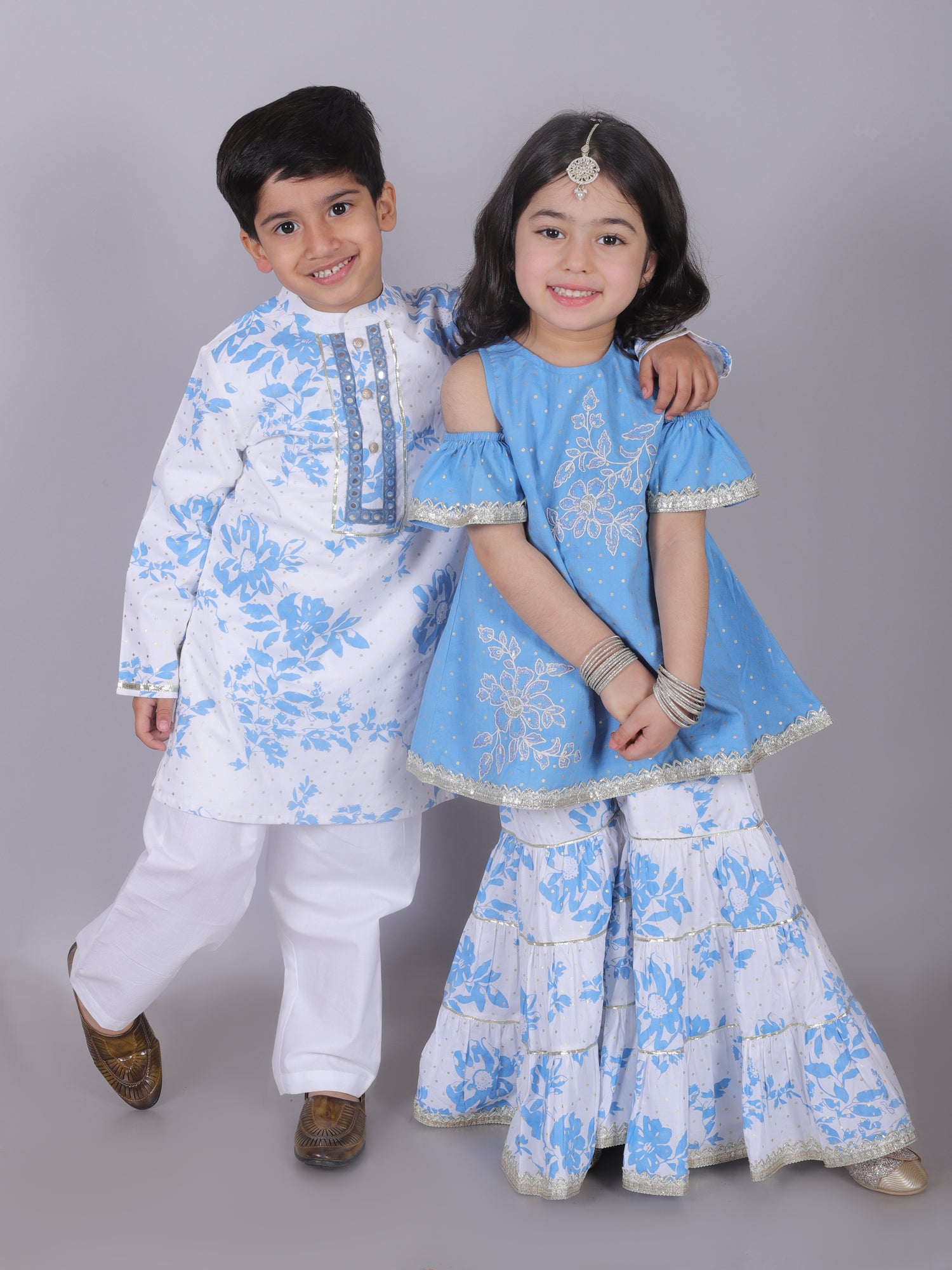 Zarqa Girls Blue Cotton Kurta with Sharara Set