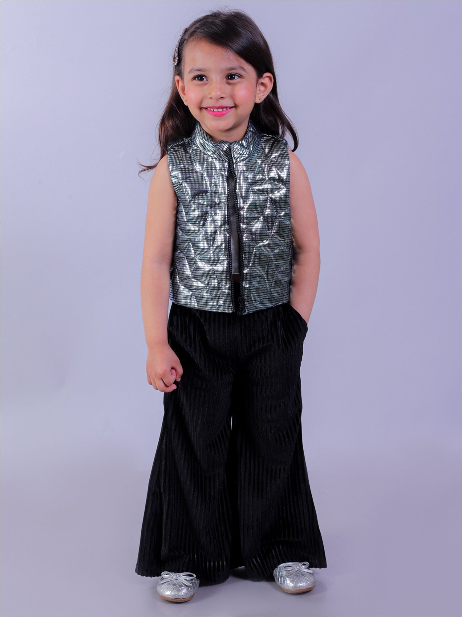 Glam Up Party Grey Shimmer Jacket For Girls