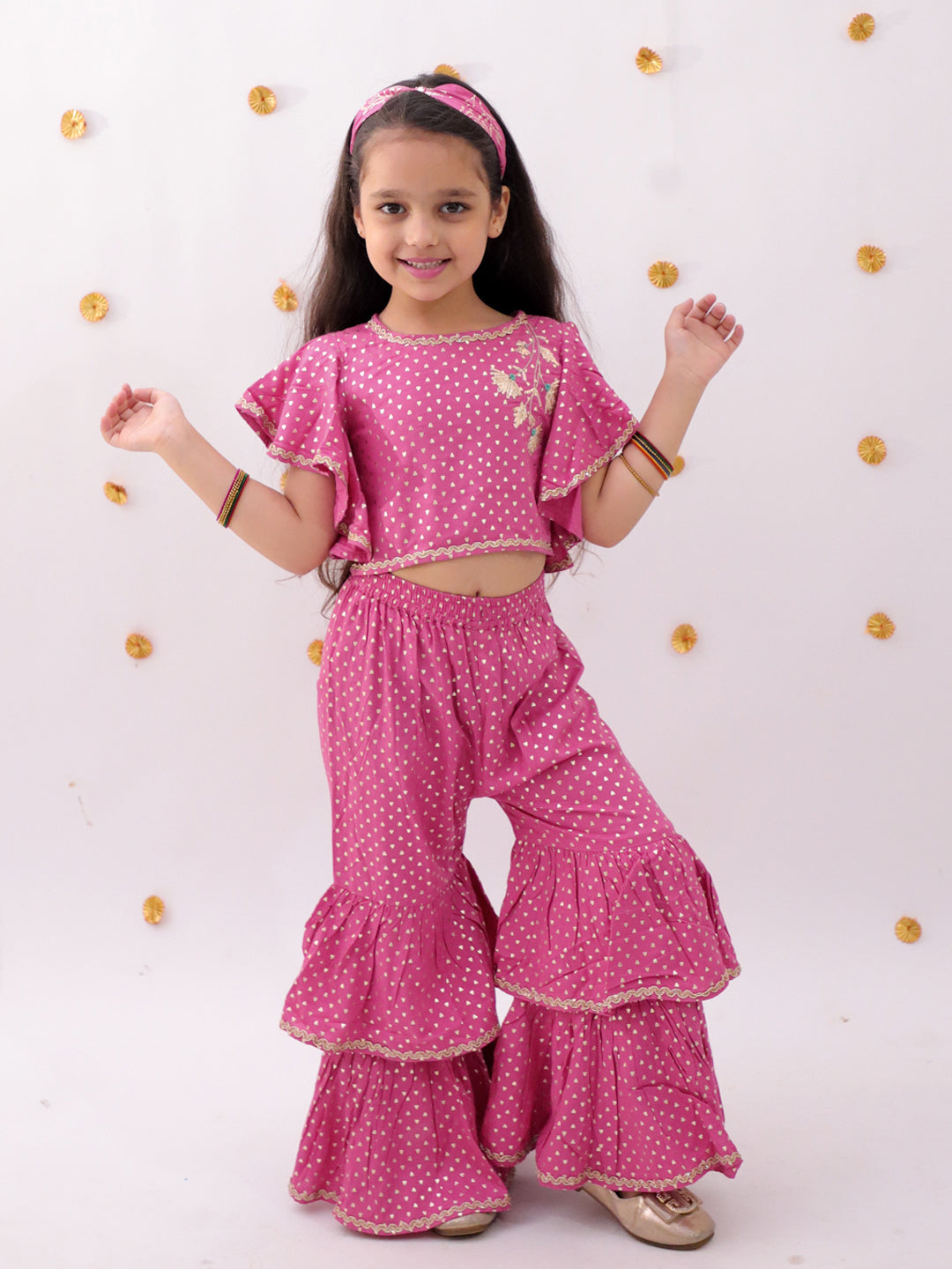 Khilkhilahat Pink Crop Top and Flare Pant Set For Girls