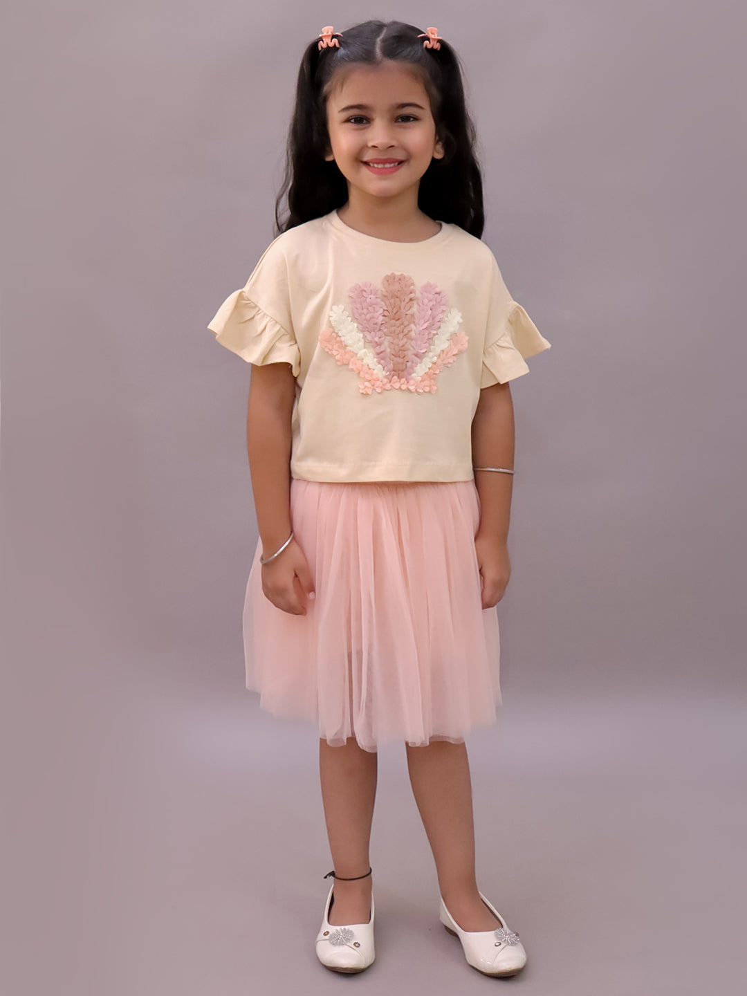 Paris Night Off White T-shirt with Peach Skirt Set For Girls