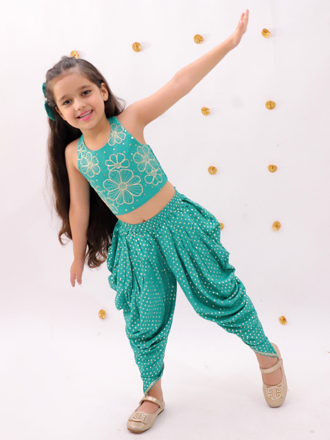 Khilkhilahat Green Crop Top and Dhoti Set For Girls