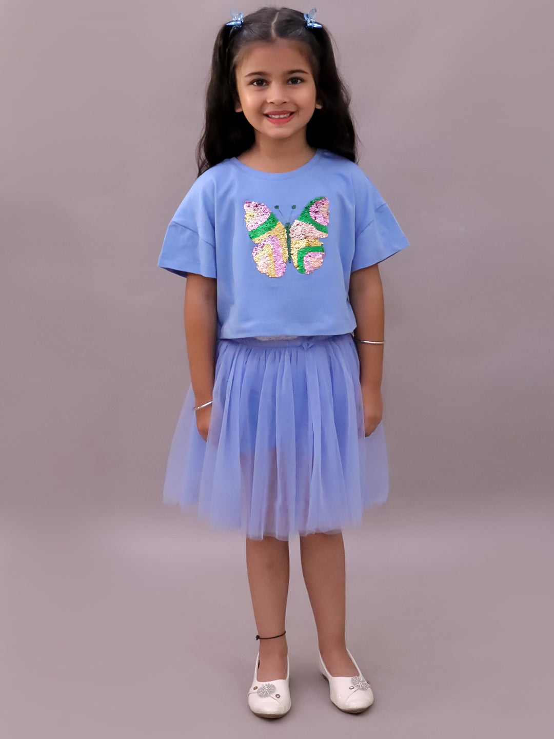 Paris Night Blue T-shirt with Skirt Set For Girls