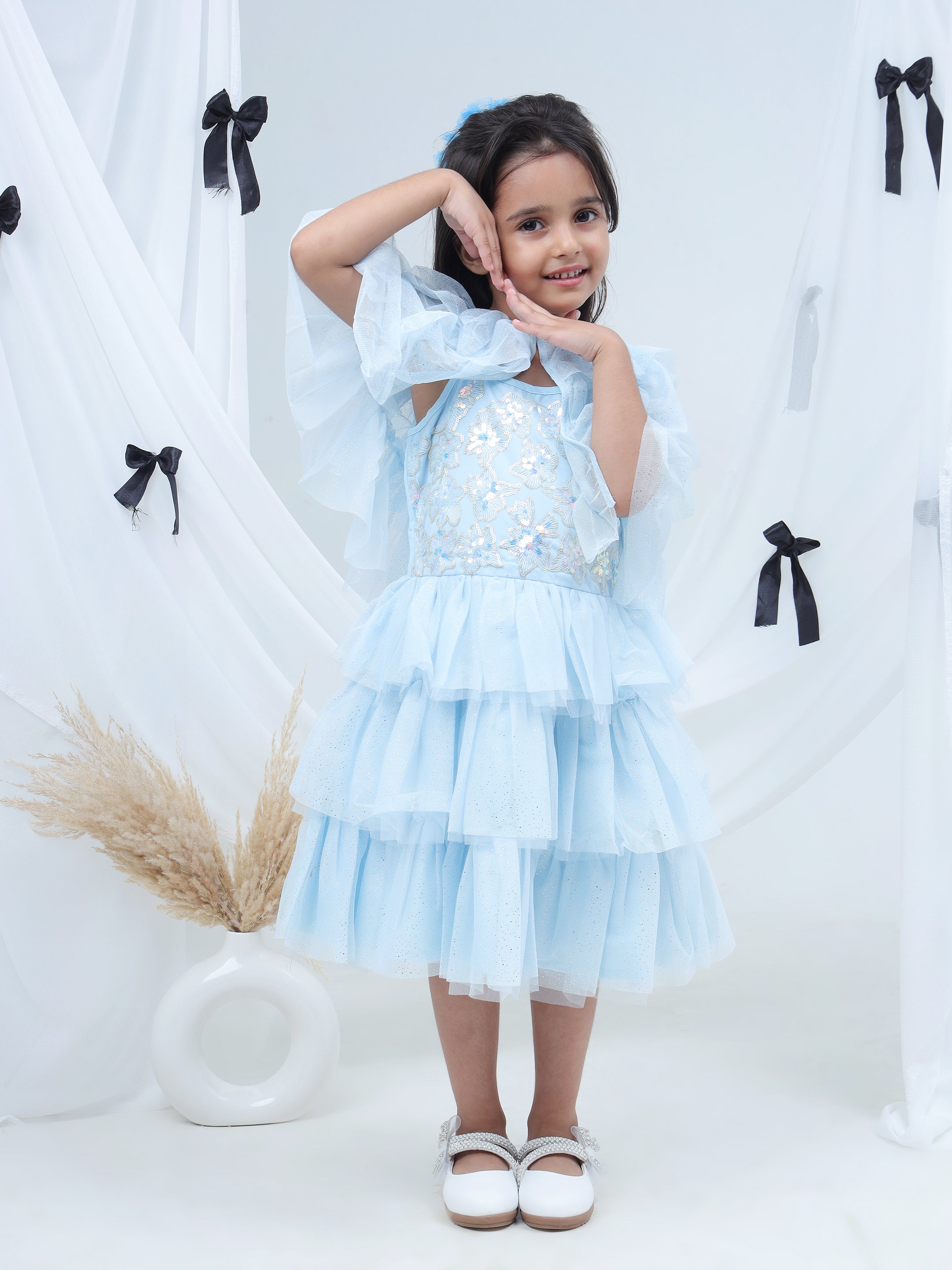 Razzle Dazzle Sky Blue Party Dress with Shrug for Girls