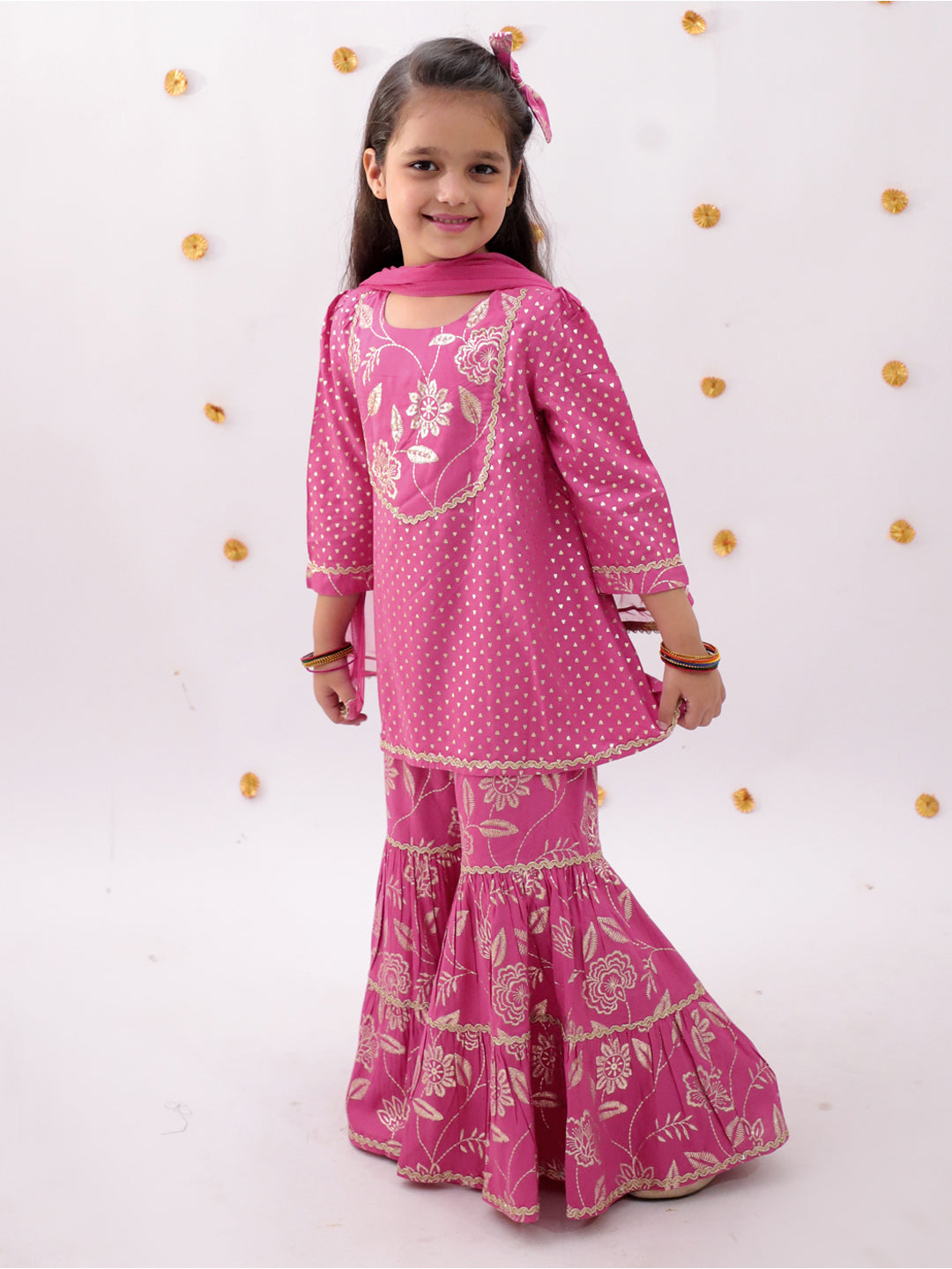 Khilkhilahat Pink Kurta Sharara With Dupatta Set For Girls