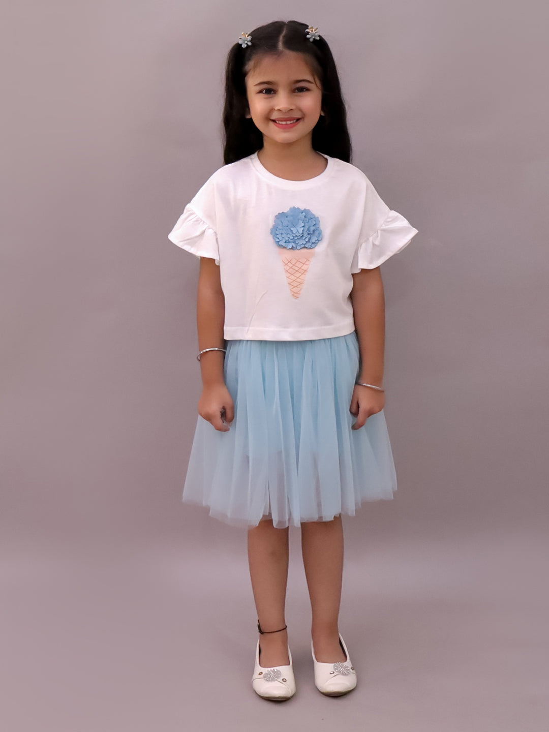 Paris Night White T-shirt with Blue Skirt Set For Girls