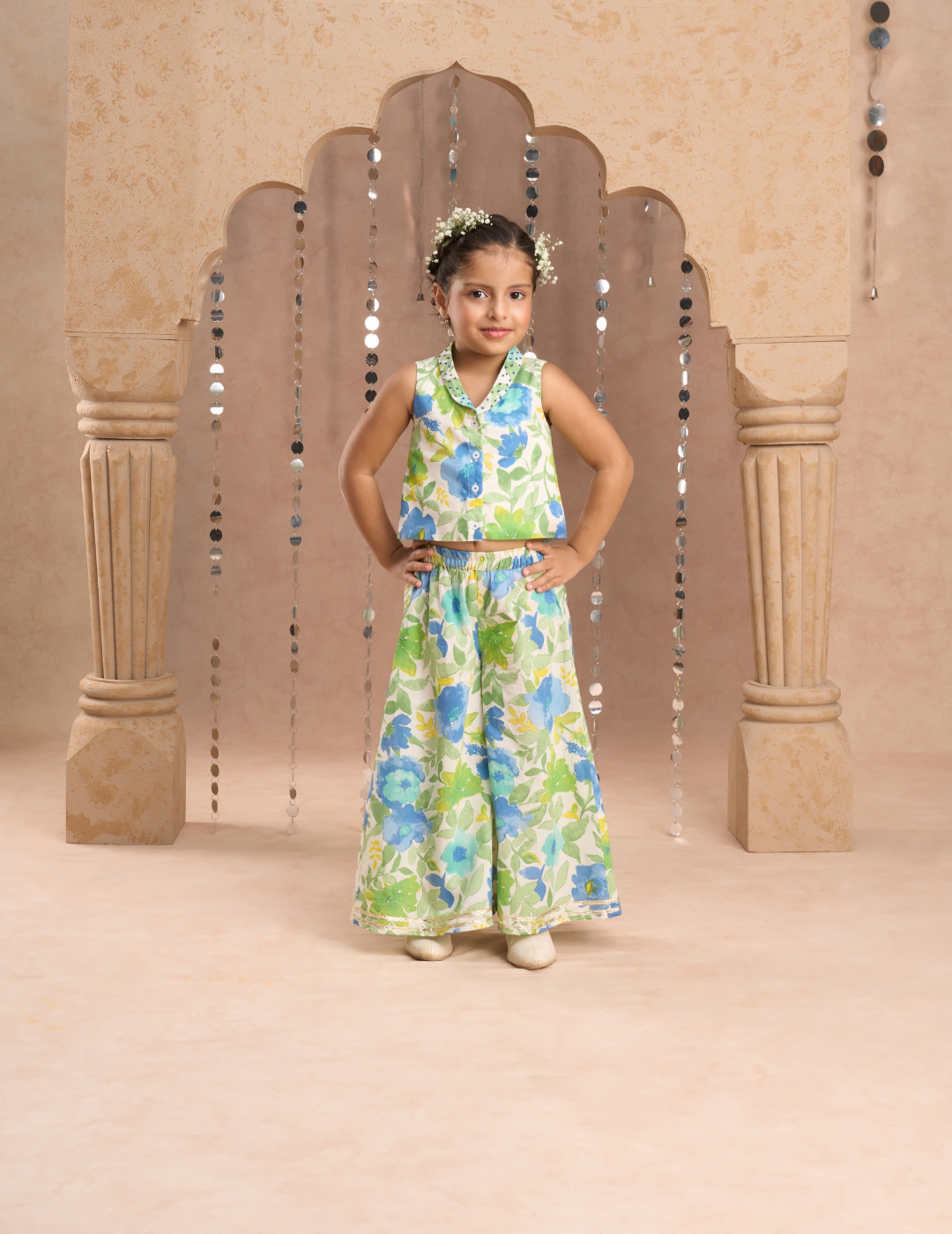 Jaipur Girls Green Cotton Top with Pant Co-ordinate Ethnic Set