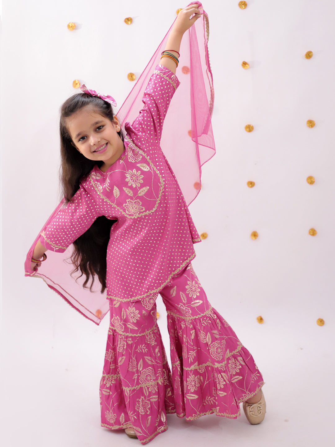 Khilkhilahat Pink Kurta Sharara With Dupatta Set For Girls