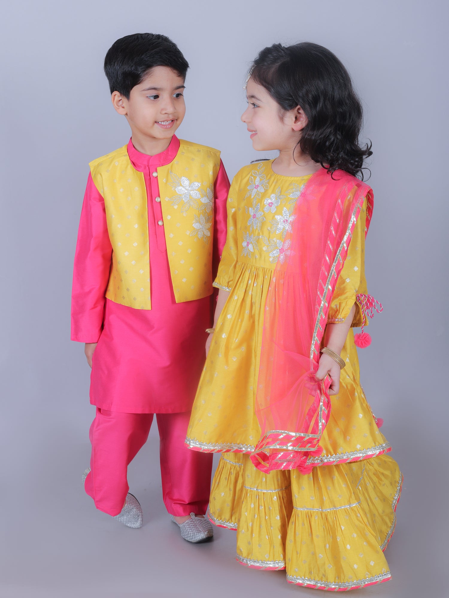 Zarqa Girls Yellow kurta with Sharara and Dupatta set