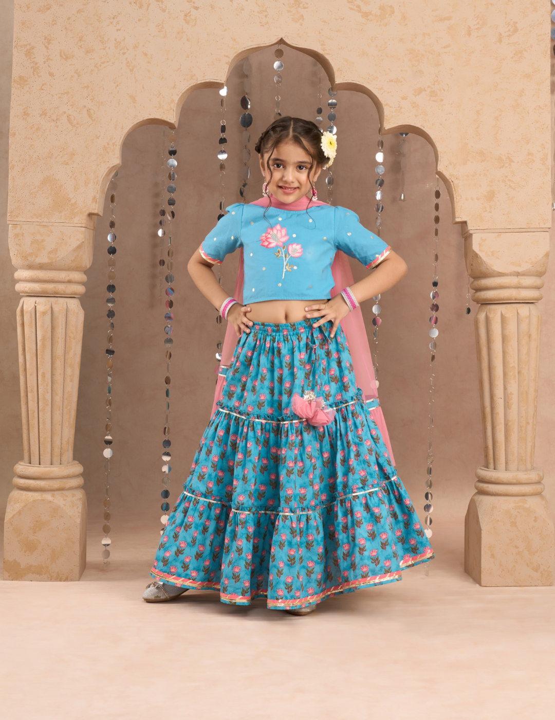 Jaipur Girls Blue Cotton Lehanga and Choli with Dupata Ethnic Set