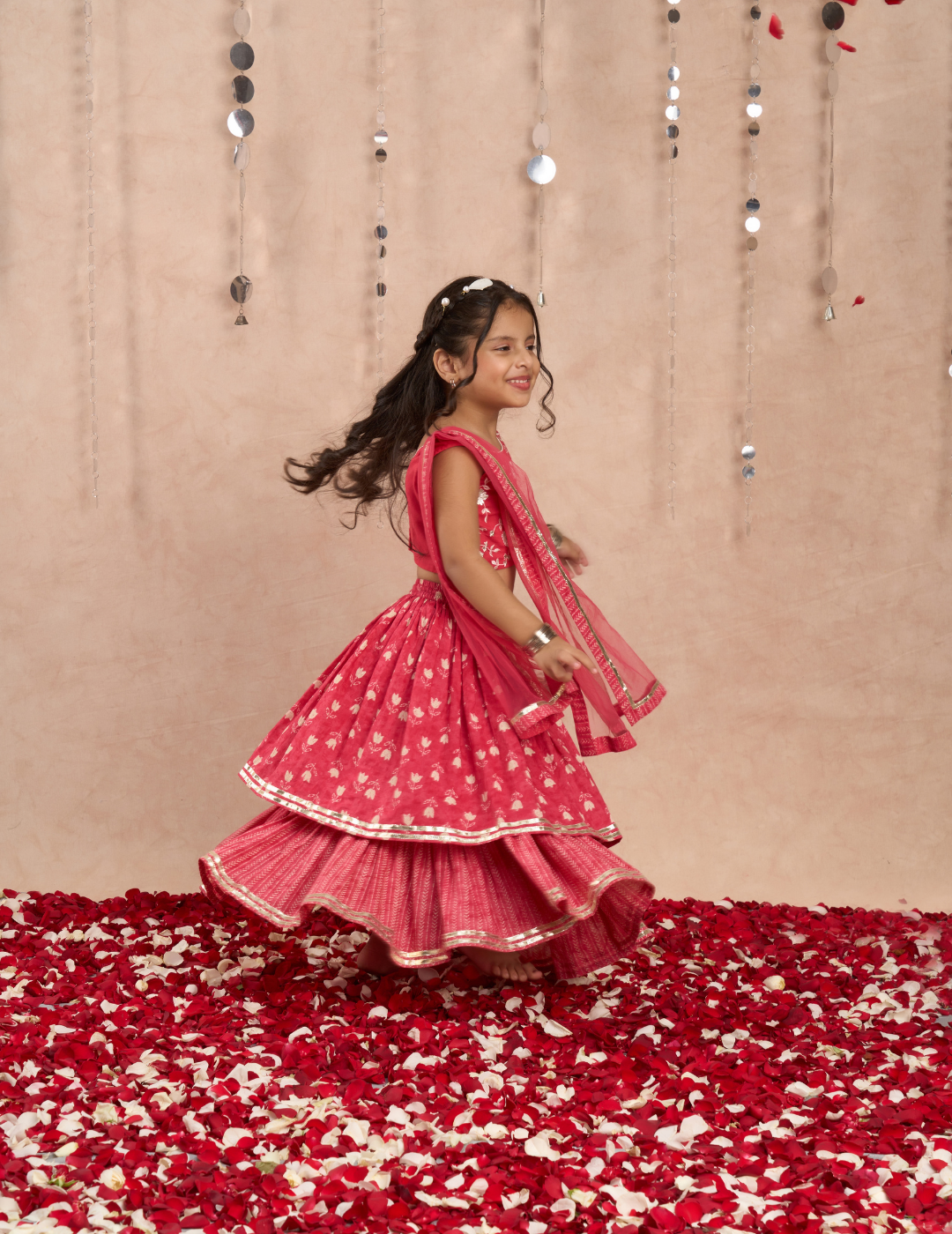 Jaipur Girls Red Cotton Lehanga and Choli with Dupata Ethnic Set