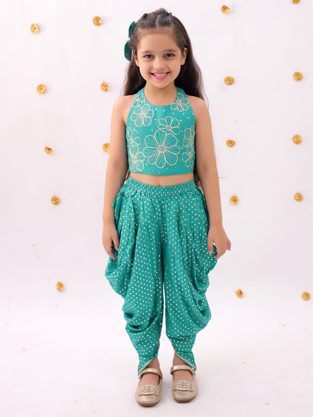 Khilkhilahat Green Crop Top and Dhoti Set For Girls