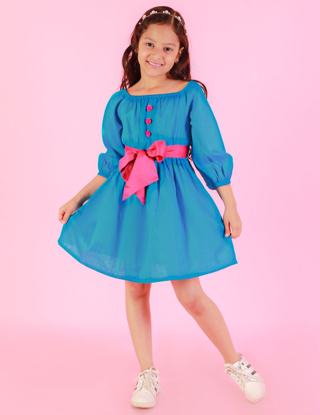 Girls Stylish and Trendy Cotton satin gathered three fourth sleeve dress