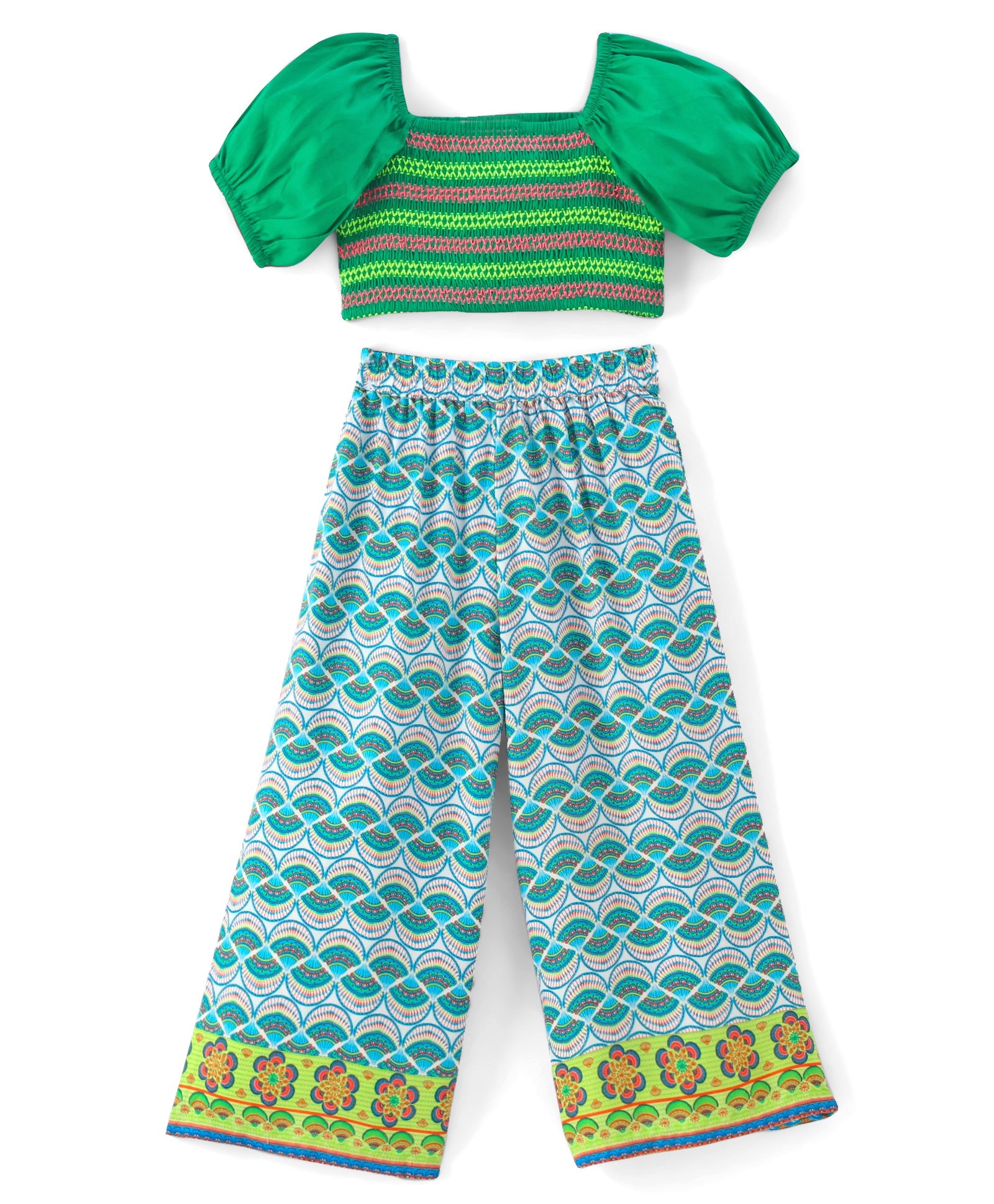 Sassy Boho Girls Green crop Top with pants set from the sibling collection