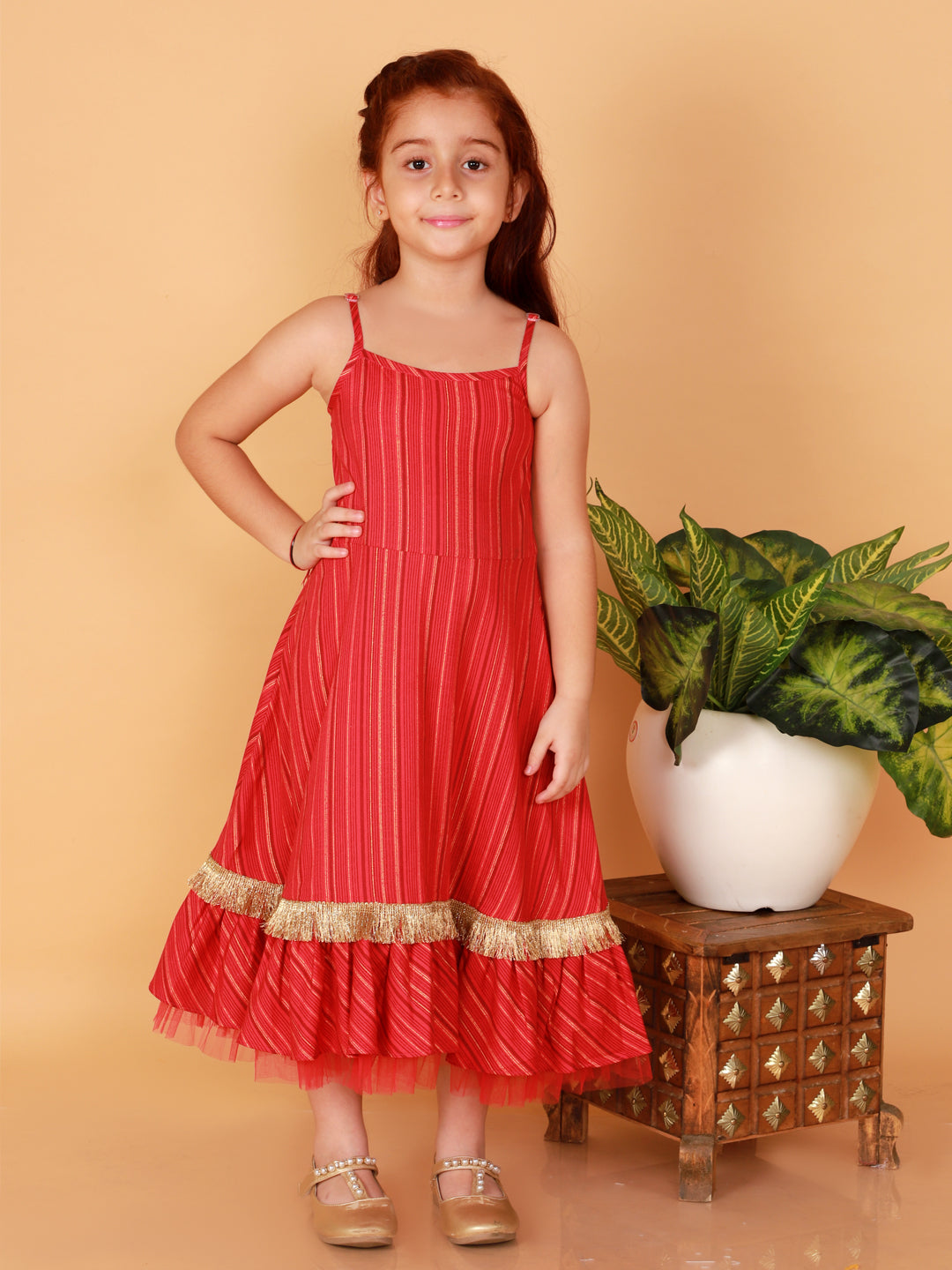Girls Stylish Gold Embroidered cape with viscose Gold Printed Dress