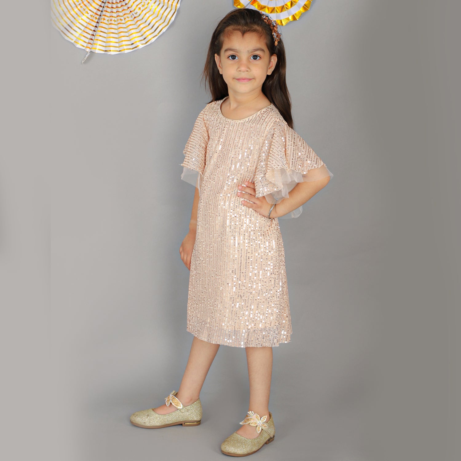 Girls Stylish Sequence Embroidered Dress with Ruffle Sleeve