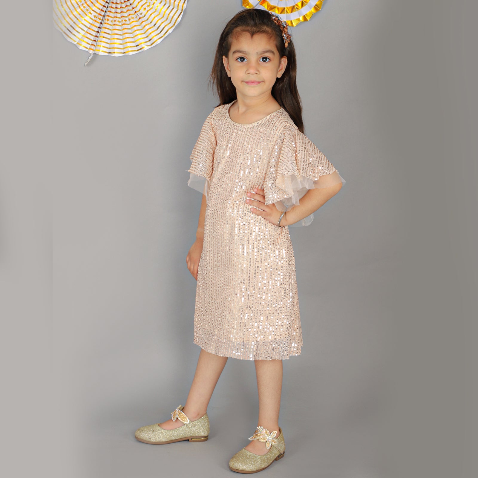Girls Stylish Sequence Embroidered Dress with Ruffle Sleeve
