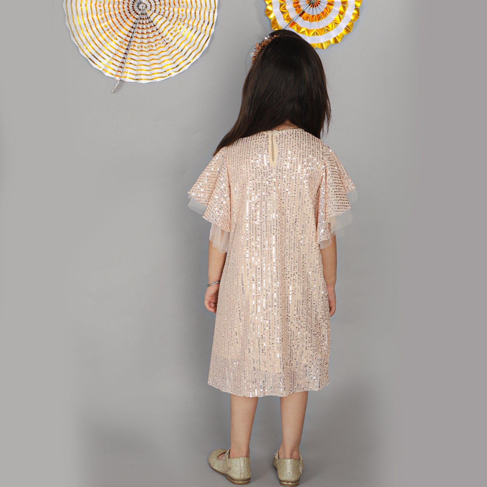 Girls Stylish Sequence Embroidered Dress with Ruffle Sleeve