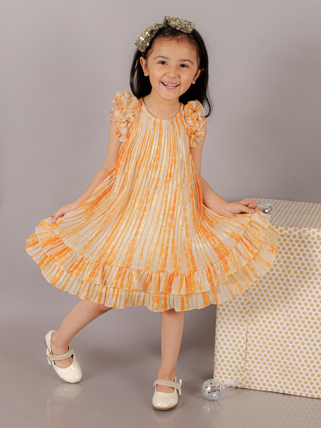 Glam up Girls Peach Foil Print pleated Party Dress