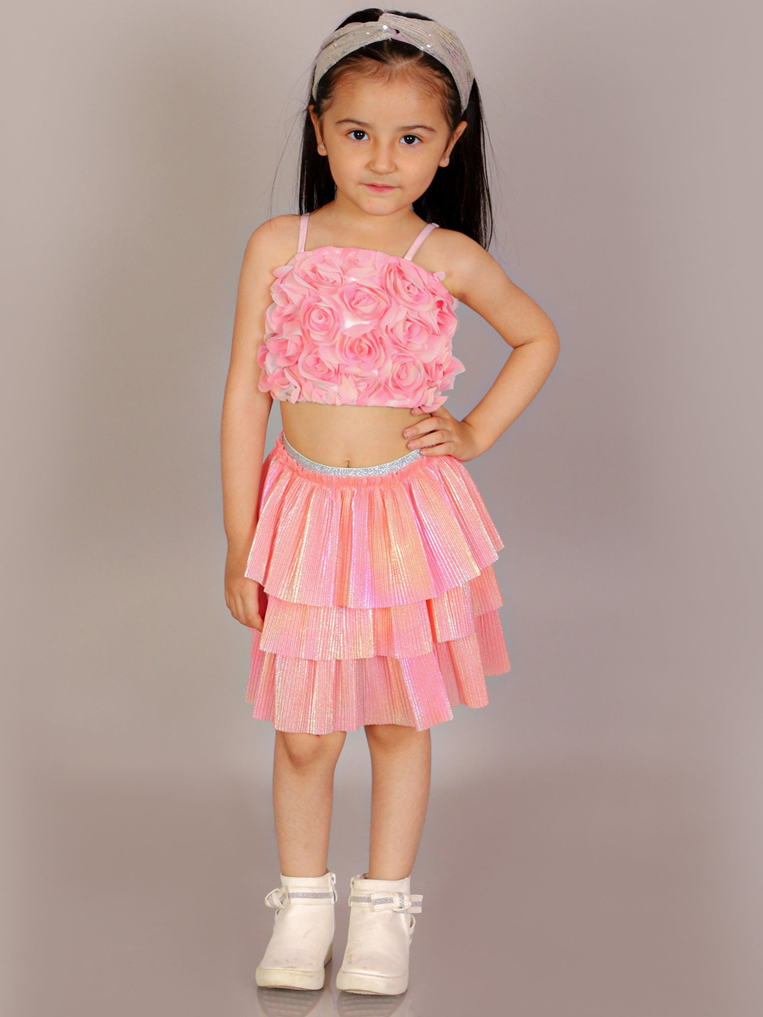 Paris Nights Girls Pink 3D Flower Party Crop Top and skirt Set
