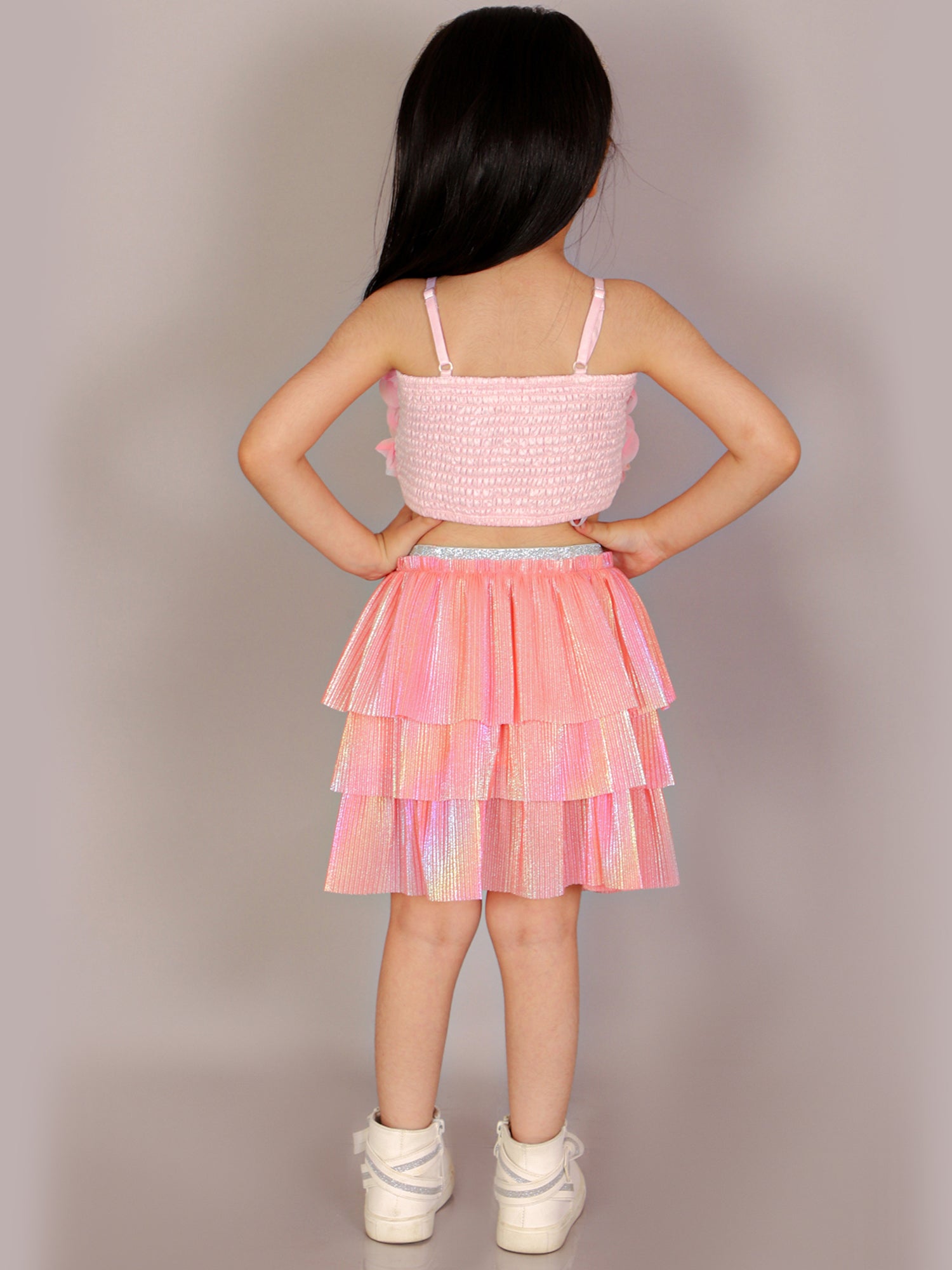 Paris Nights Girls Pink 3D Flower Party Crop Top and skirt Set