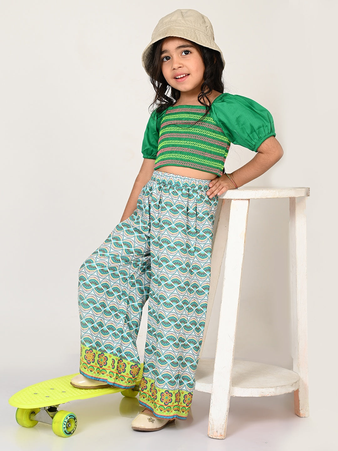 Sassy Boho Girls Green crop Top with pants set from the sibling collection