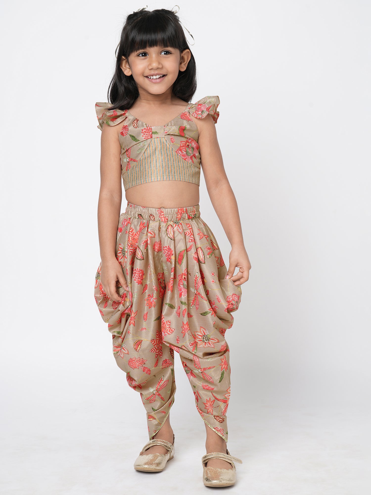 Golden Weaves Beige Crop Top with Dhoti Girls Co-ordinate set