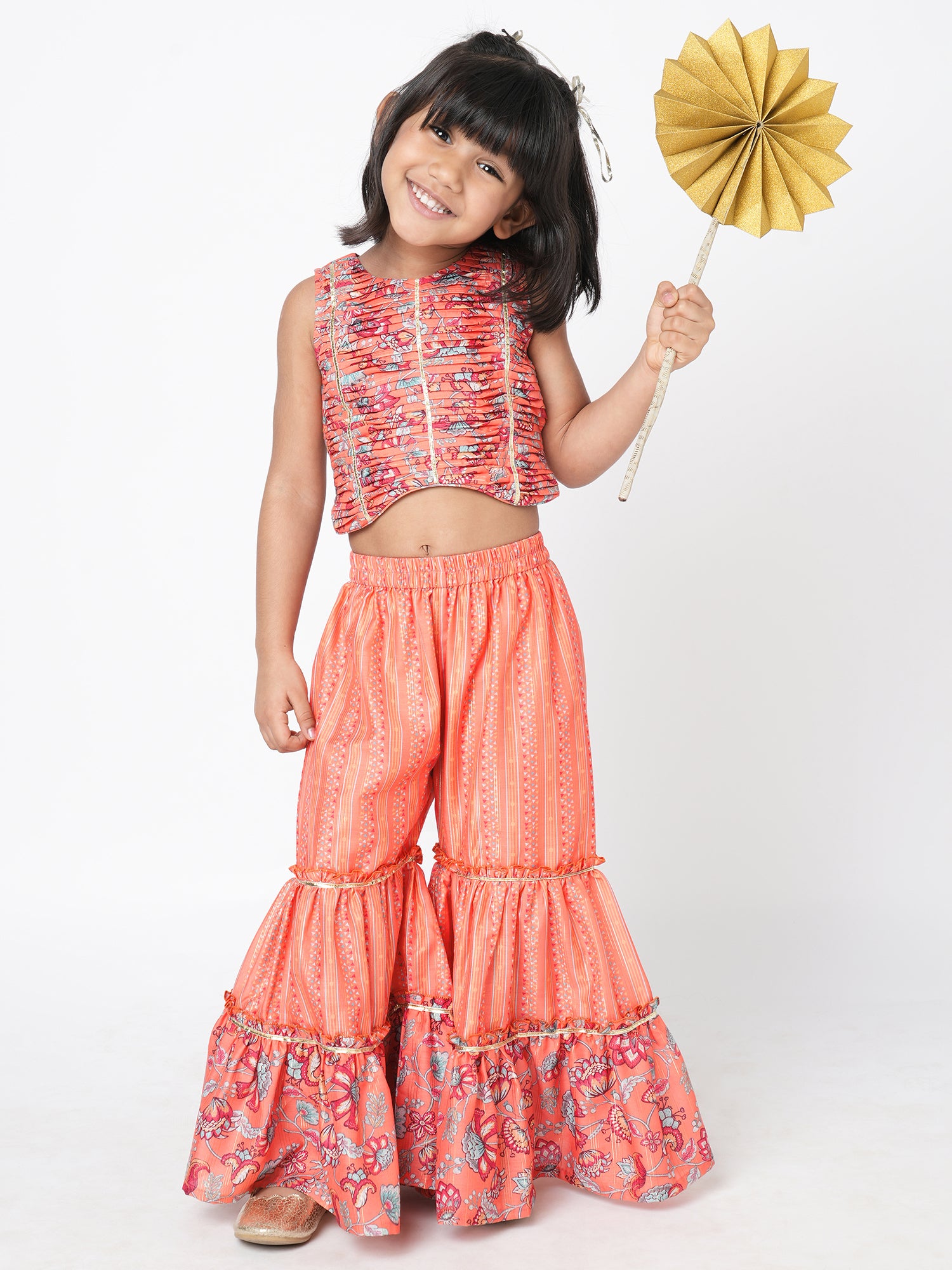 Golden Weaves Orange Crop Top with Palazzo Girls Co-ordinate set