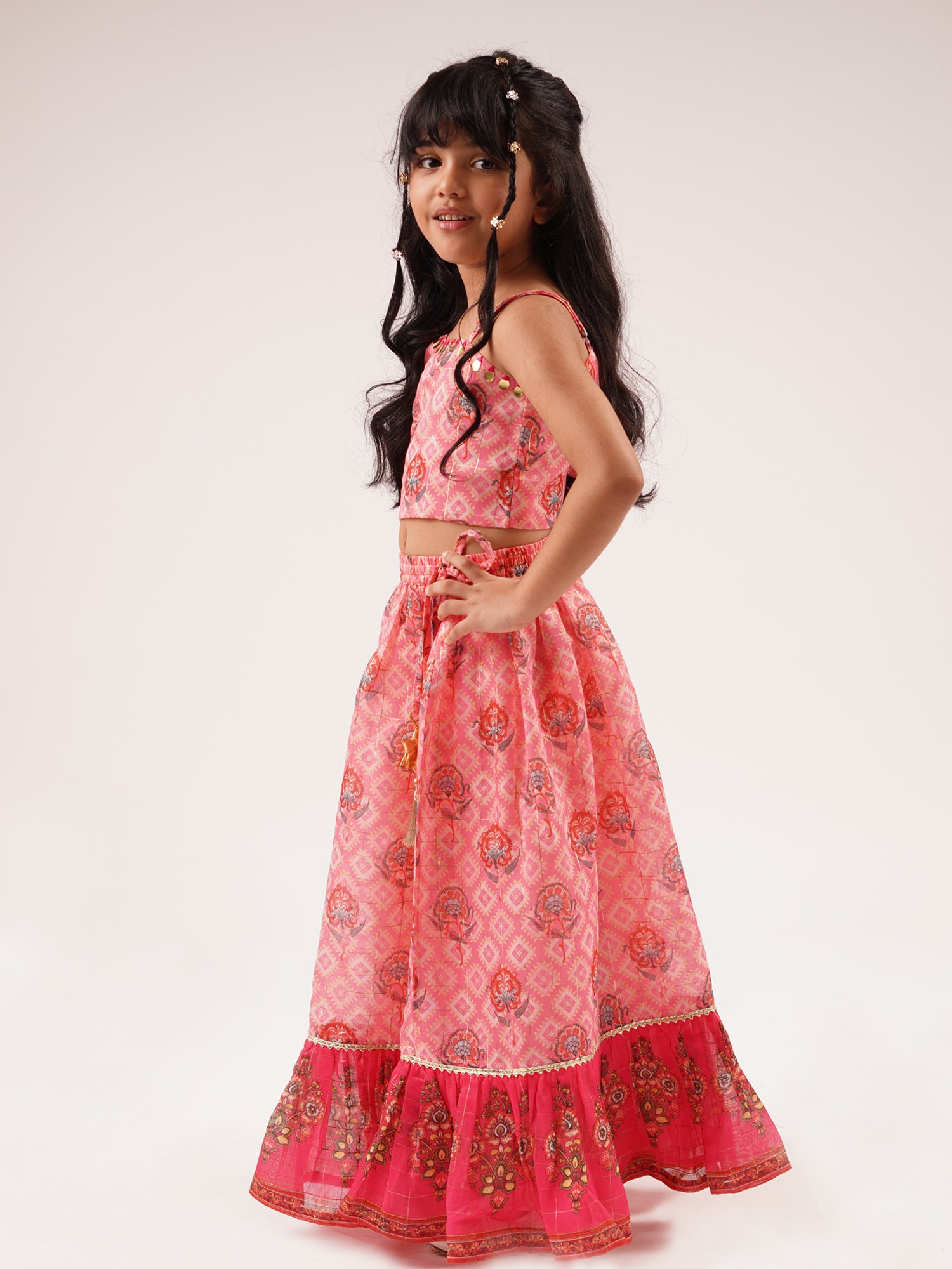 Raangoli Girls Pink Embroidered Lehanga Choli Set