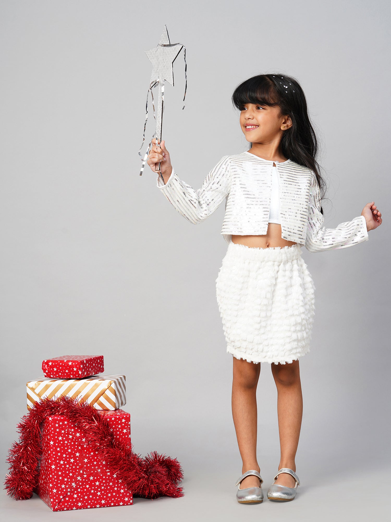Razzle dazzle Party White Jacket for Girls