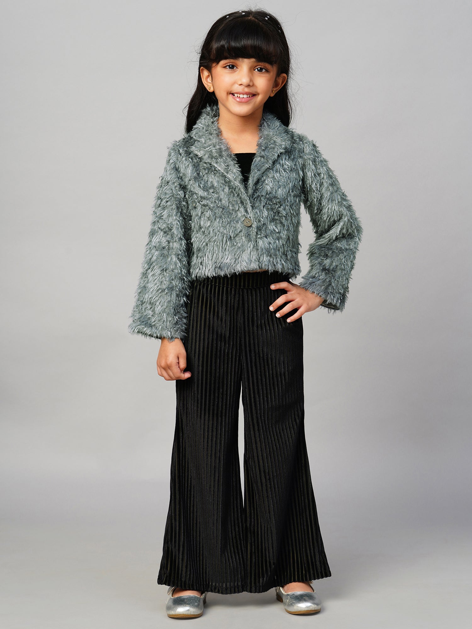 Glam Up Girls Party Fur Jacket With Palazzo Pant
