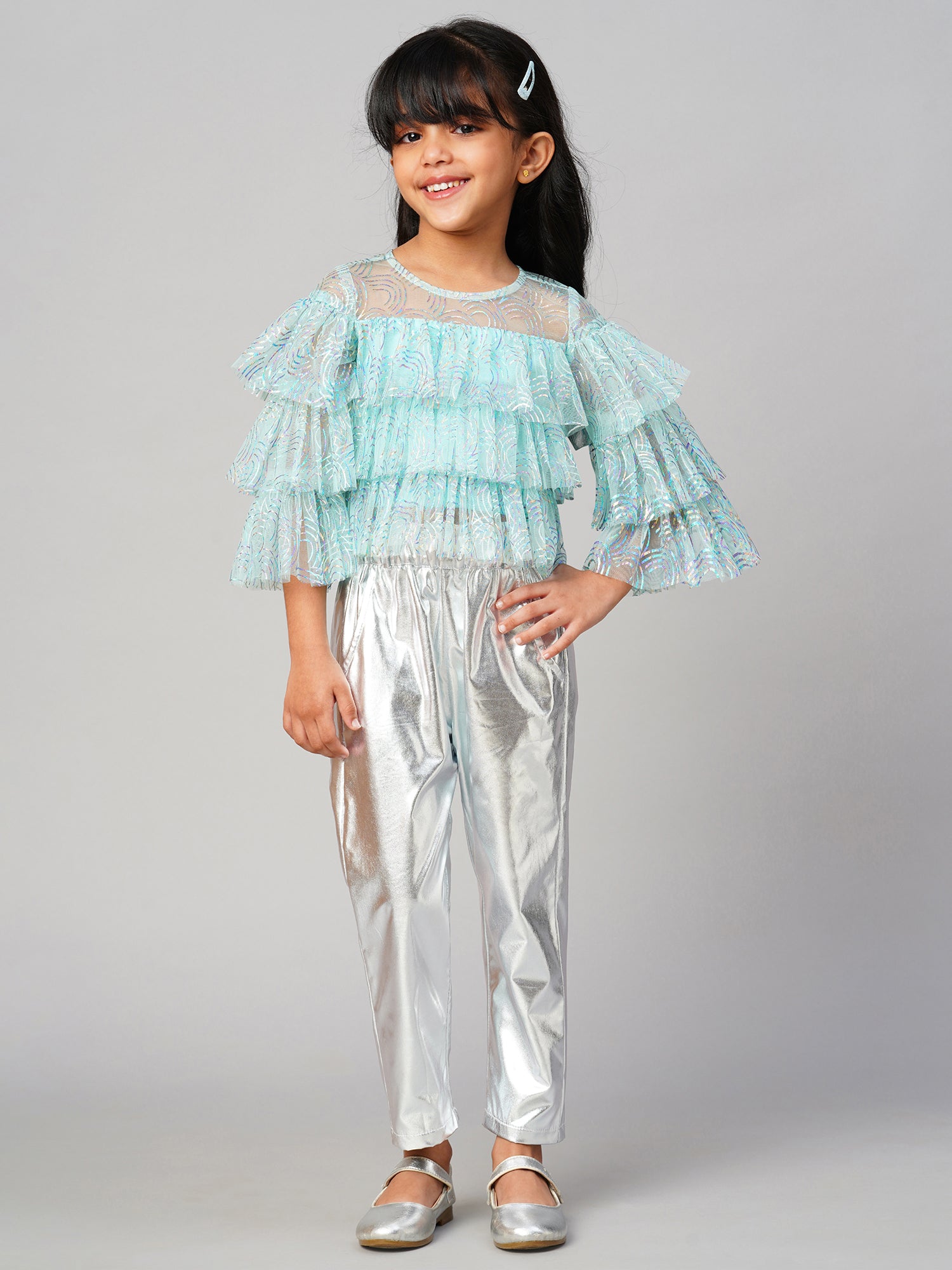 Glam Up Girls Shimmer Blue Party Top with Pant set for Girls