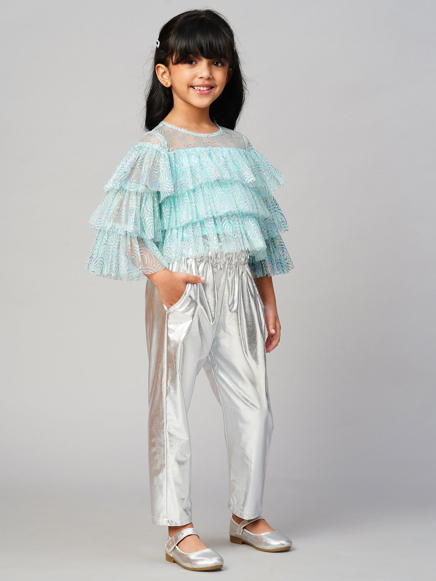Glam Up Girls Shimmer Blue Party Top with Pant set for Girls