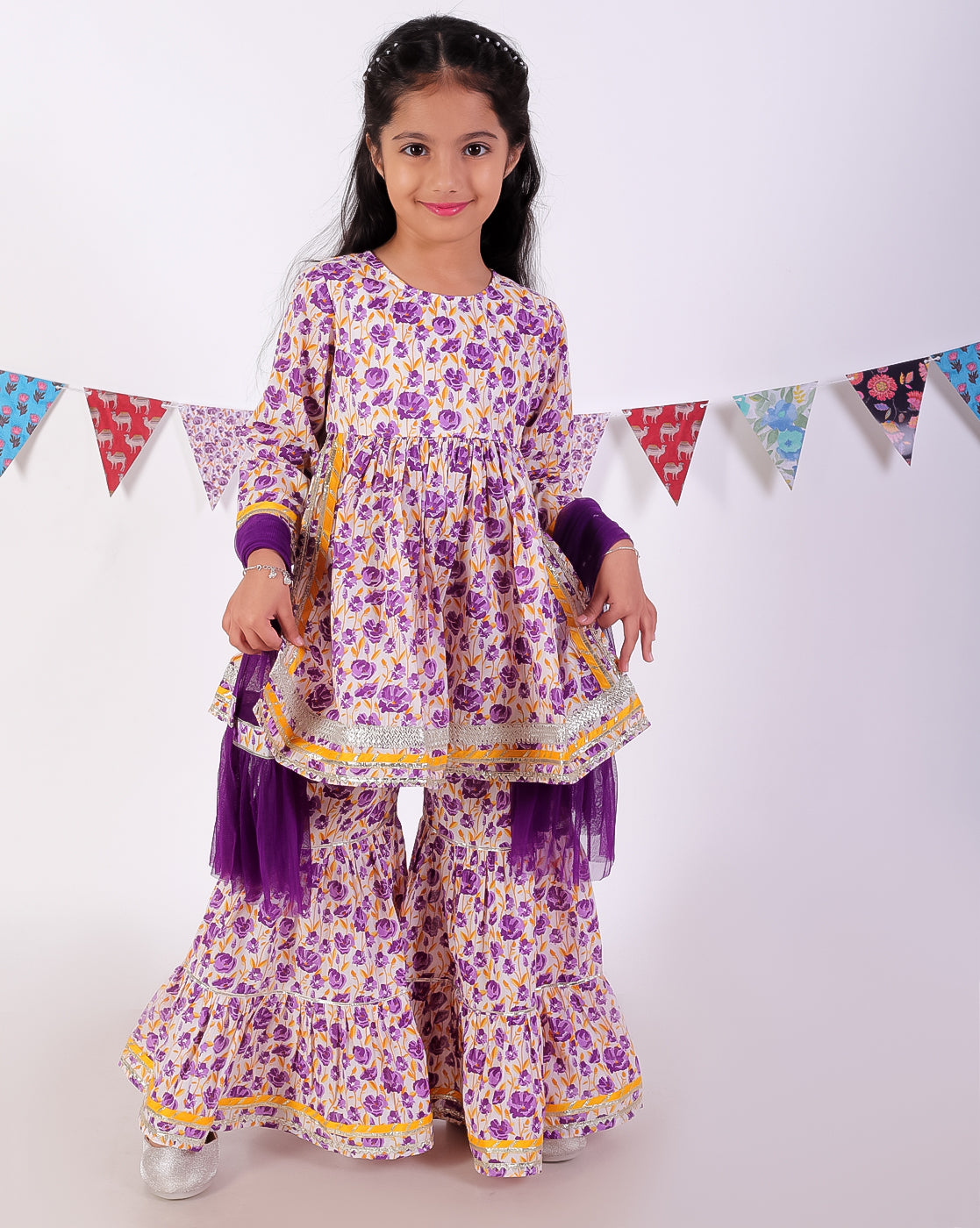 Jaipur Girls Lavender Cotton Kurta with Sharara with Dupata Ethnic Set