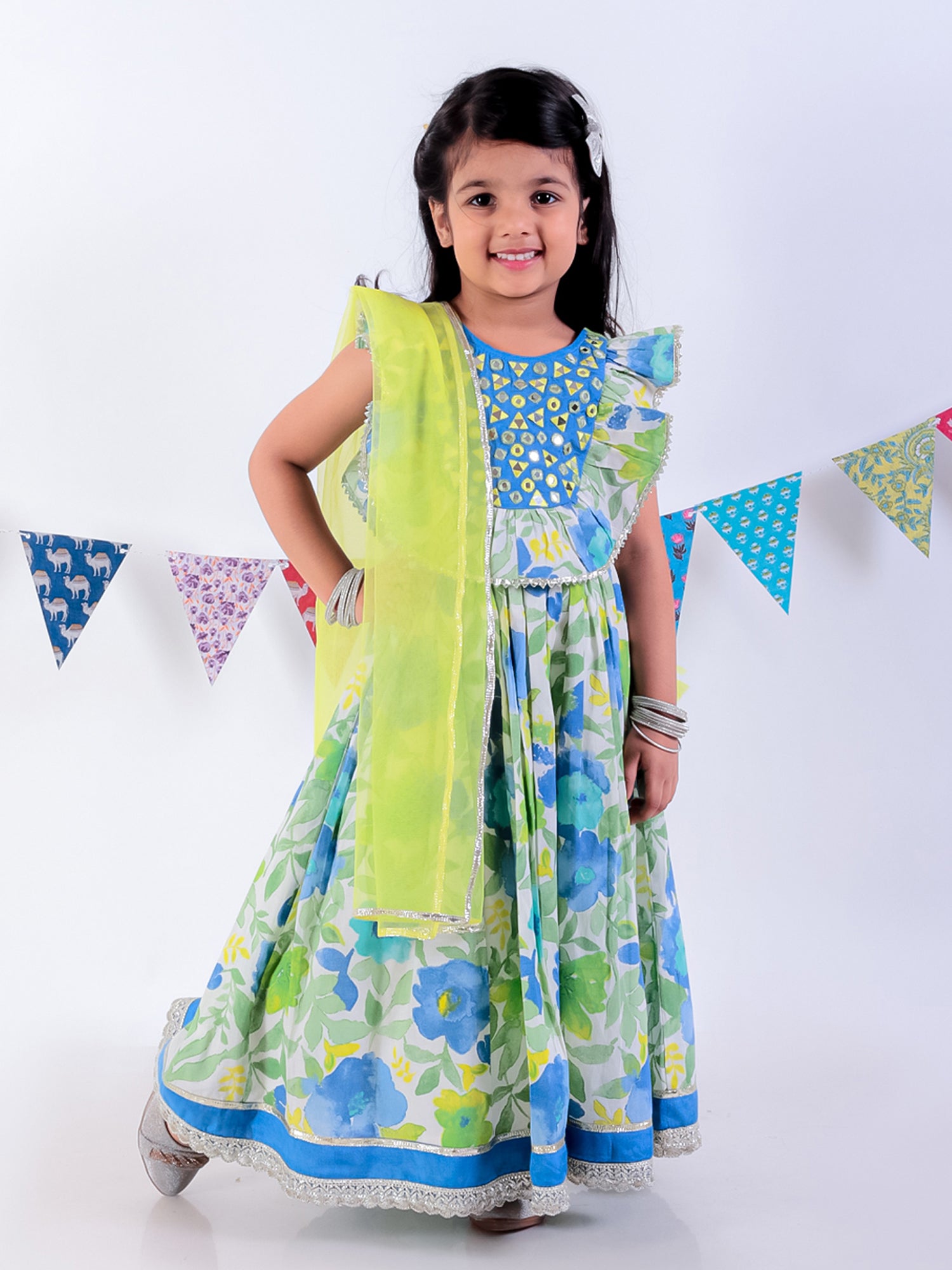 Jaipur Girls Green Cotton Lehanga and Choli with Dupata Ethnic Set