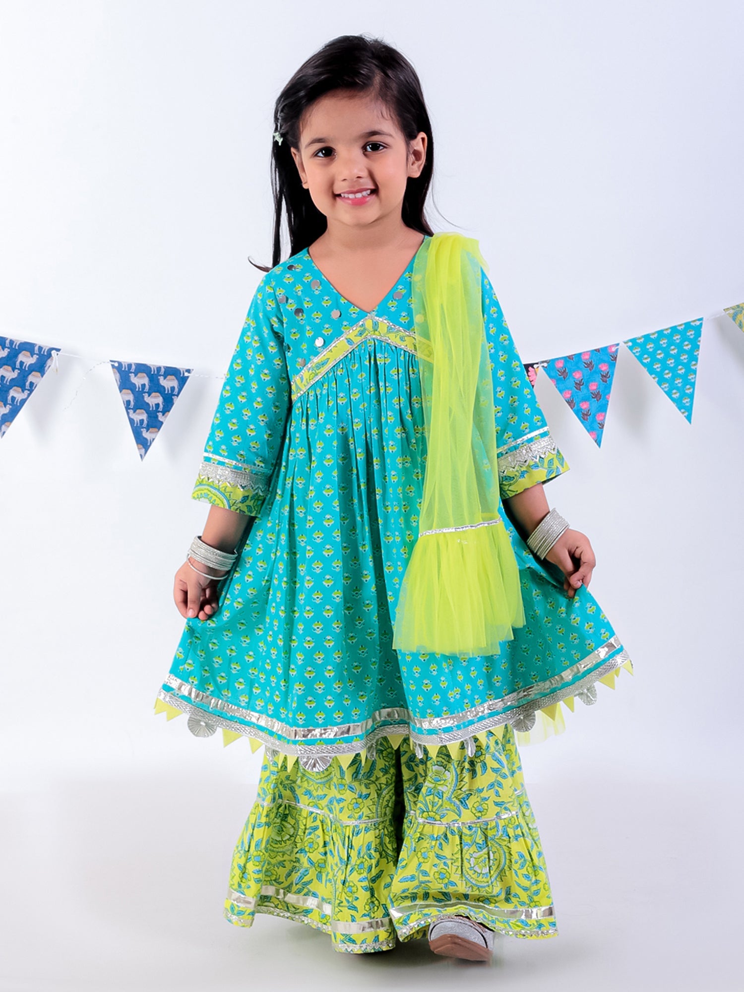 Jaipur Girls Green Cotton Kurta with Sharara with Dupata Ethnic Set