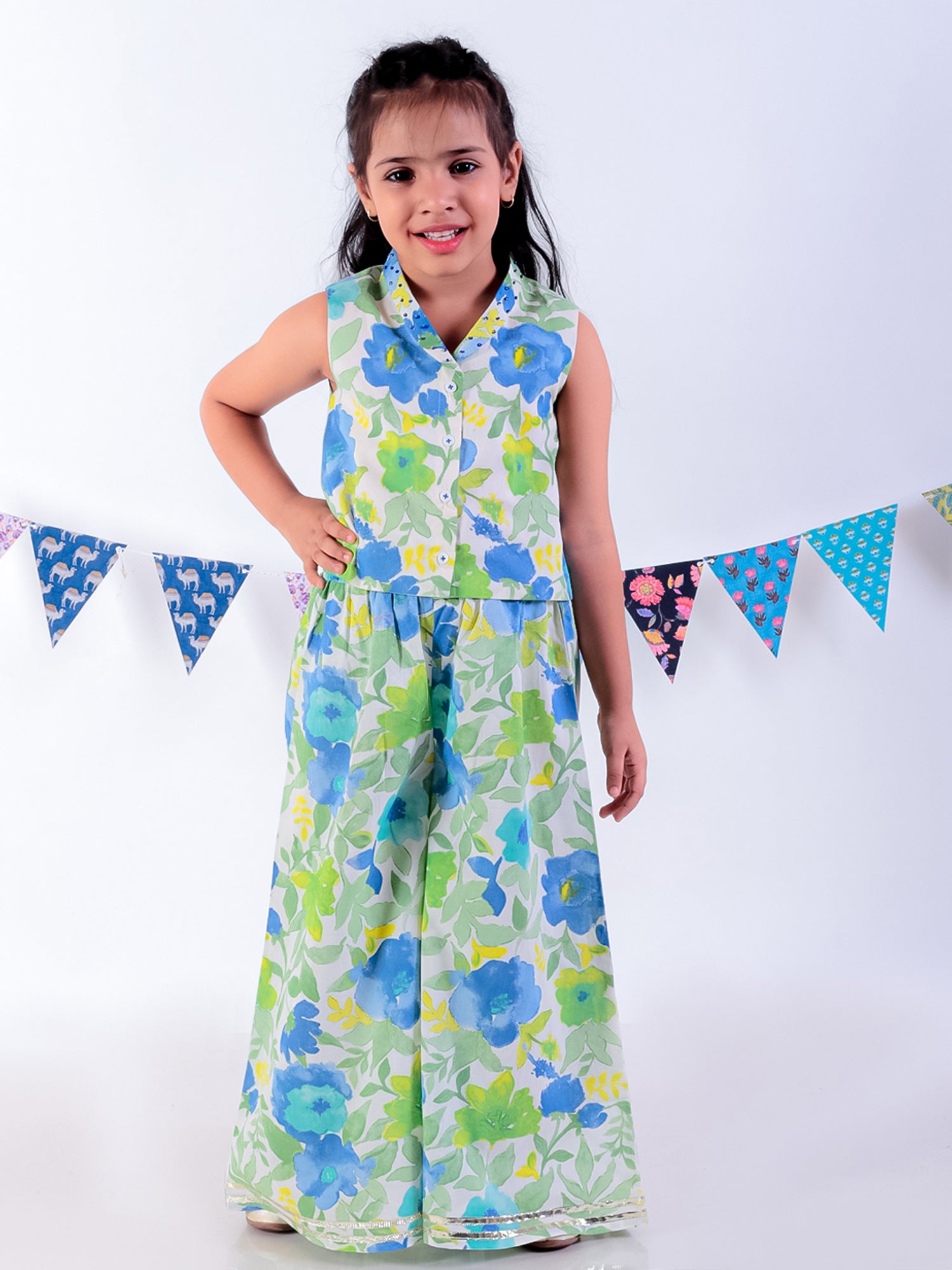 Jaipur Girls Green Cotton Top with Pant Co-ordinate Ethnic Set