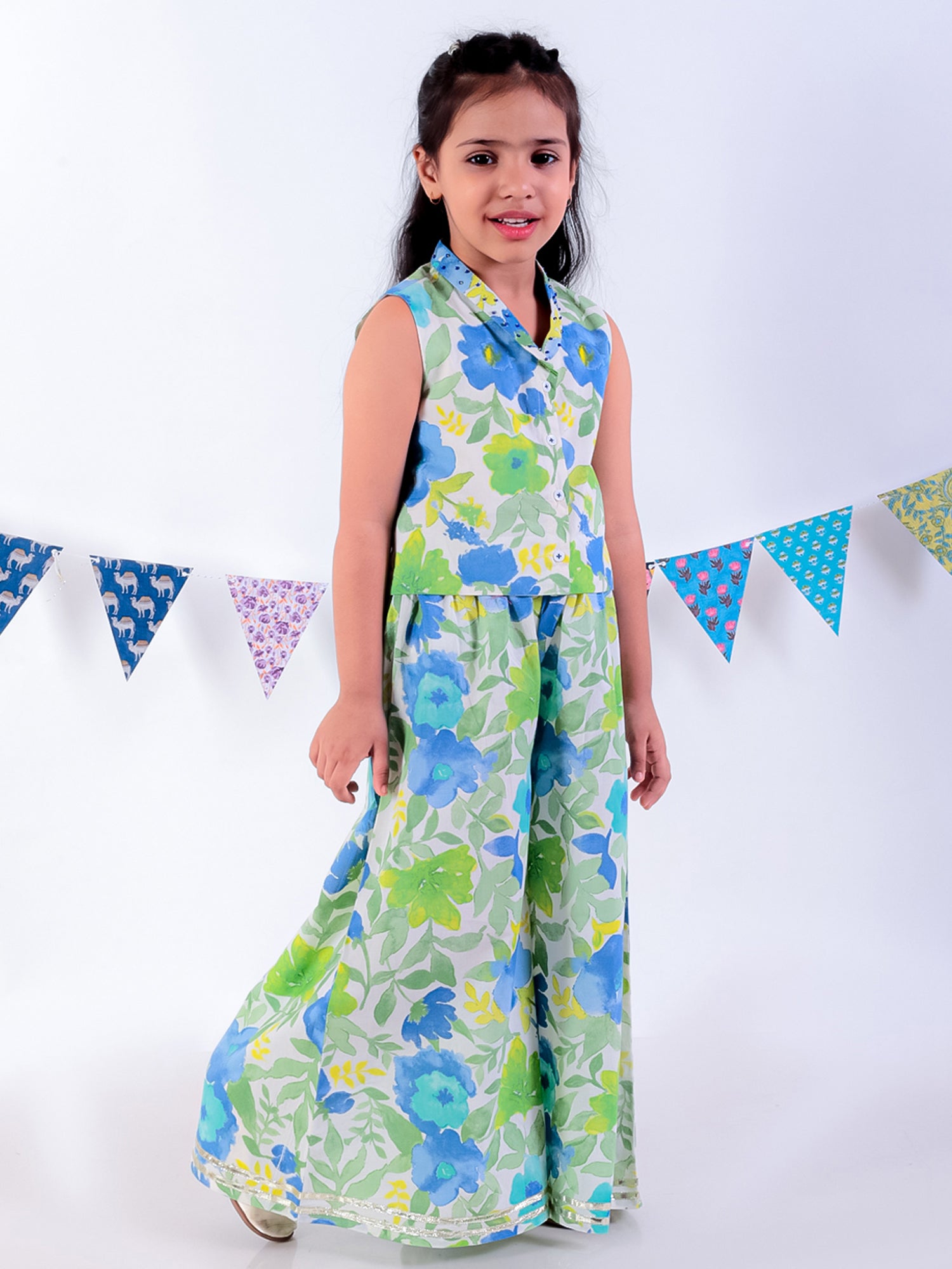 Jaipur Girls Green Cotton Top with Pant Co-ordinate Ethnic Set