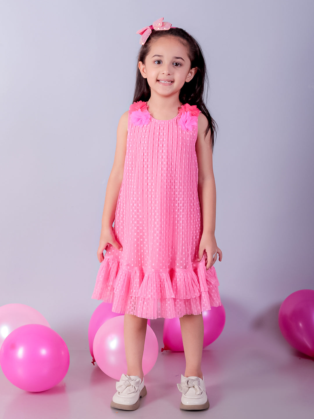 Glam Up Girls Pink Party Dobby Net Dress