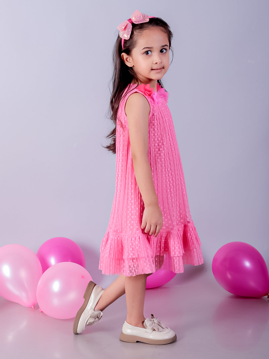 Glam Up Girls Pink Party Dobby Net Dress