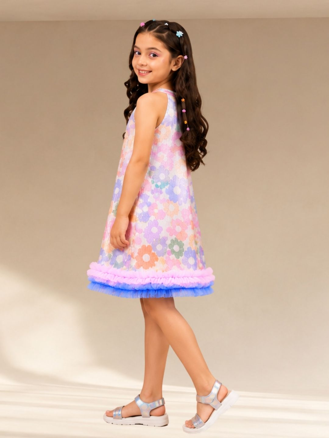 Rainbow Girls Multi Color Flower Pleating Party Dress