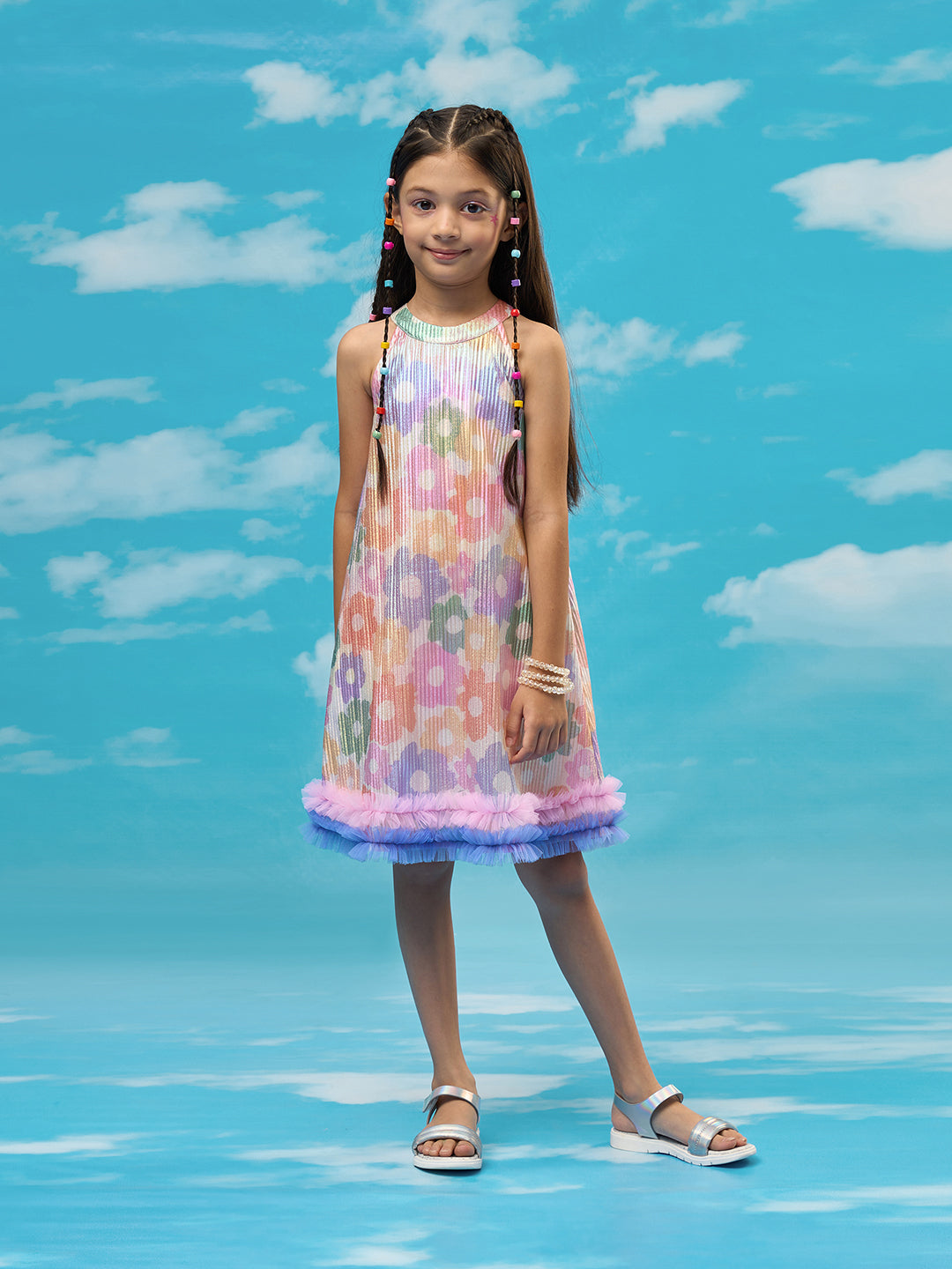 Rainbow Girls Multi Color Flower Pleating Party Dress
