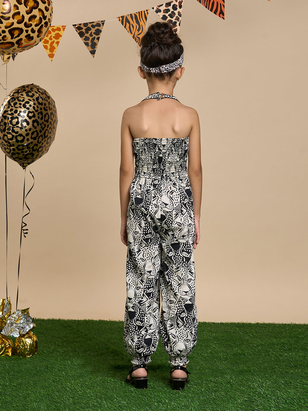 Roar at the Door Girls Brown and Black Printed Jumpsuit with Hairband