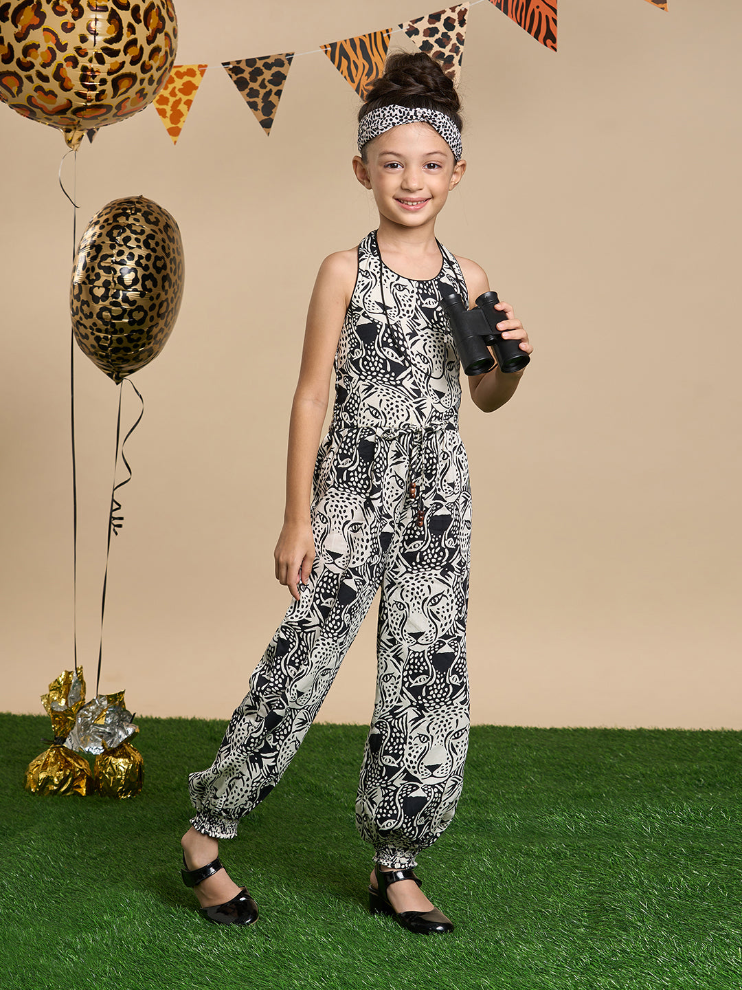 Roar at the Door Girls Brown and Black Printed Jumpsuit with Hairband