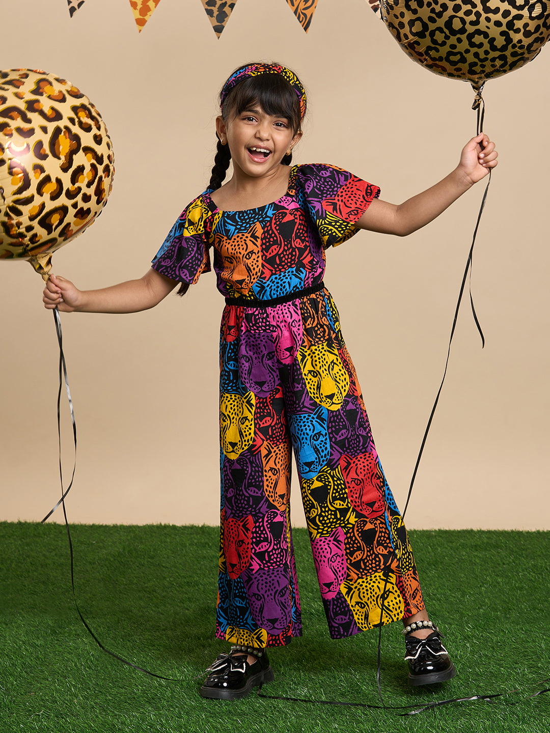 Roar at the Door Girls Multi Color Stylish Jumpsuit with Hairband