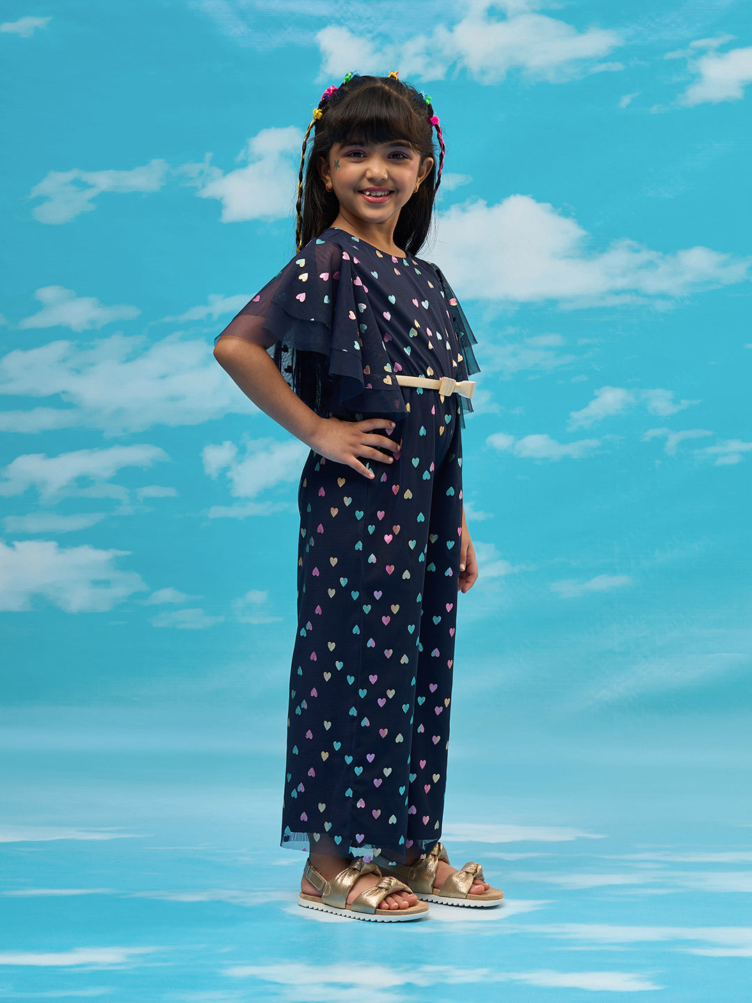 Rainbow Girls Multi Color Heart Print Party Jumpsuit