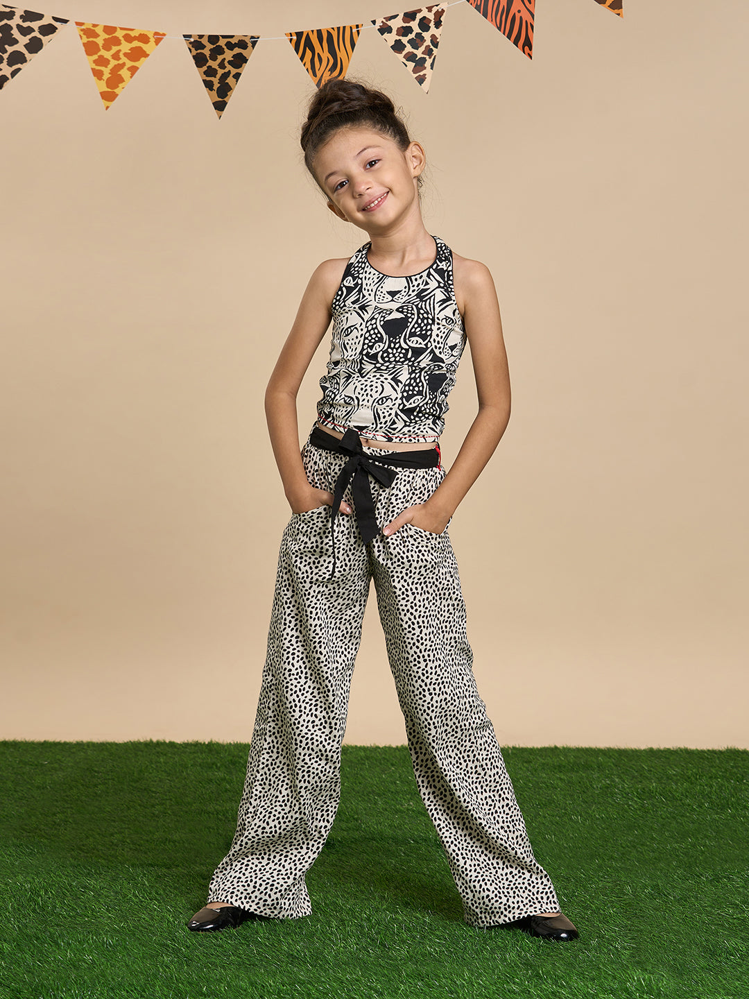 Roar at the Door Girls Brown and Black Printed Top and Pant Set with Hairband