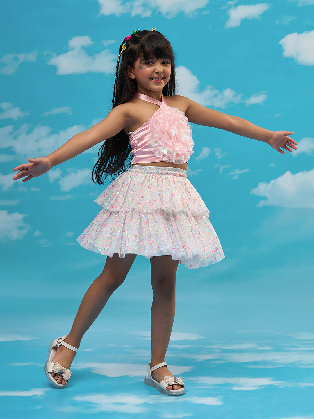 Rainbow Girls Pink 3D Flower Top And Skirt Party Co-ordinate Set