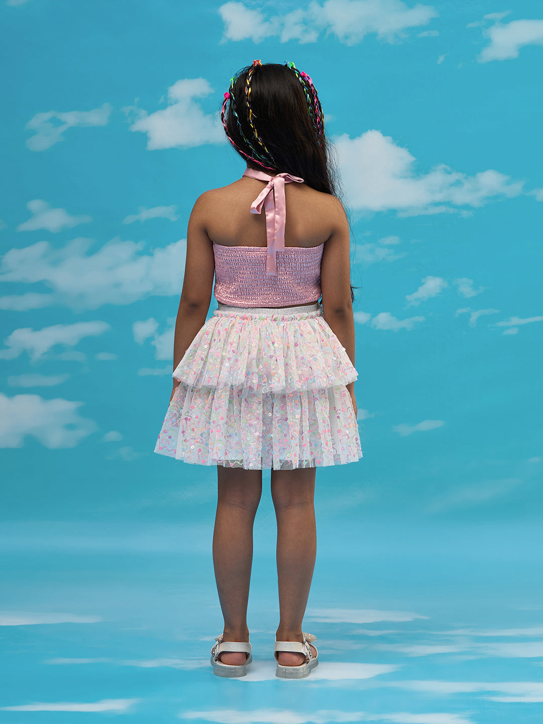 Rainbow Girls Pink 3D Flower Top And Skirt Party Co-ordinate Set