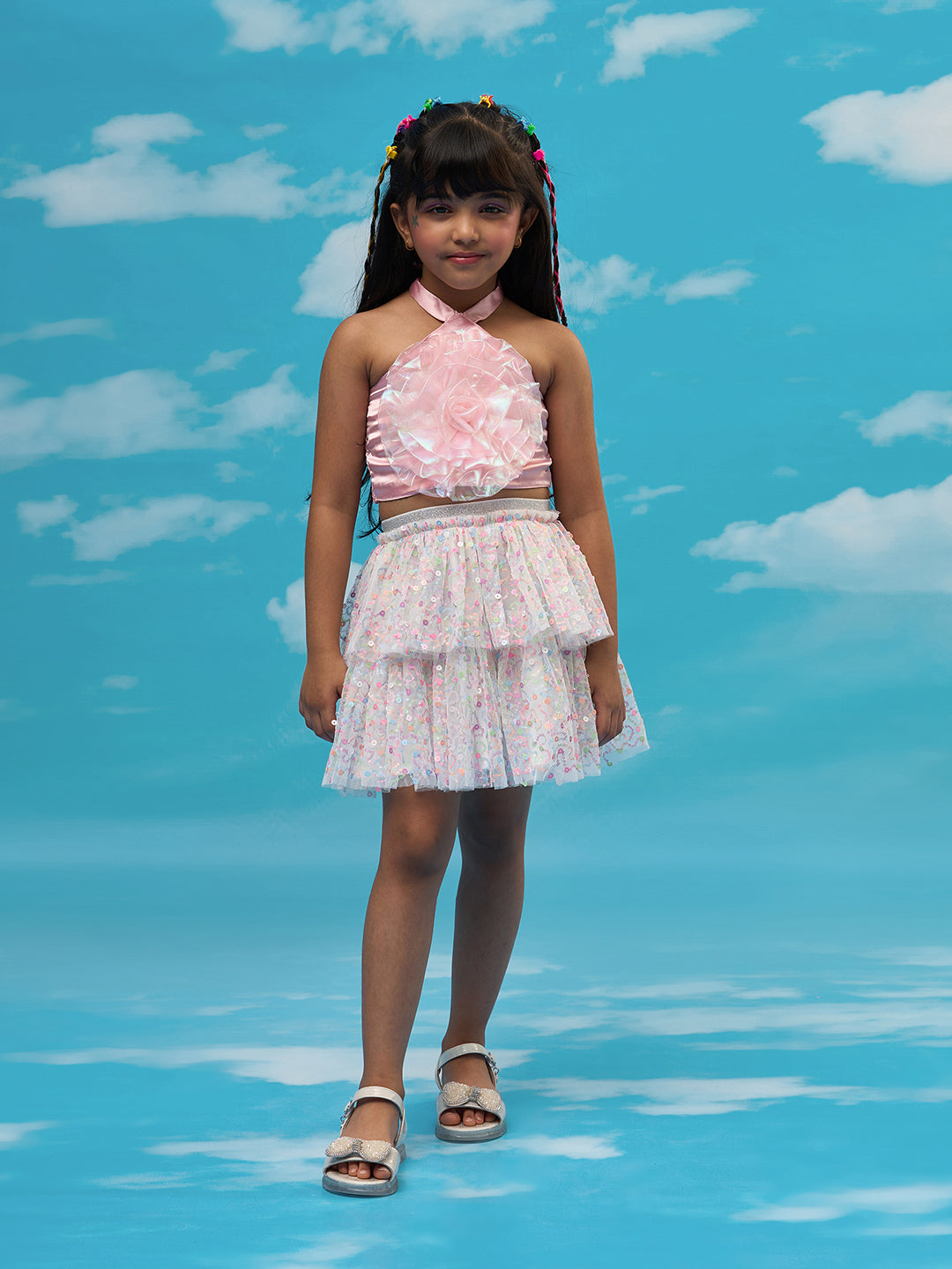 Rainbow Girls Pink 3D Flower Top And Skirt Party Co-ordinate Set