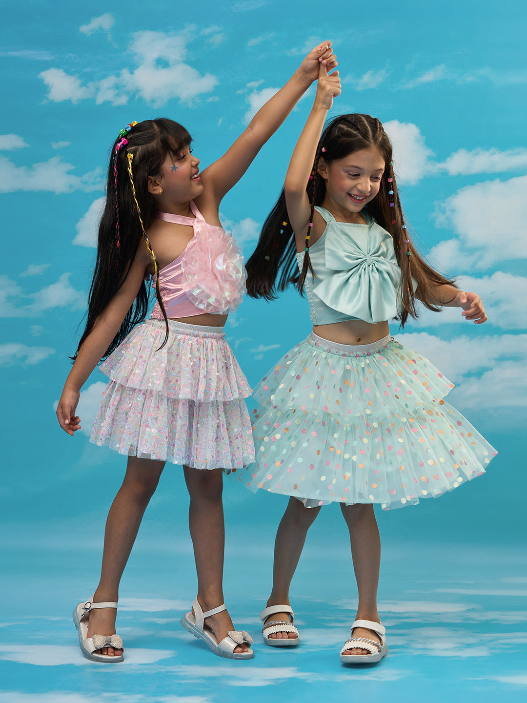 Rainbow Girls Pink 3D Flower Top And Skirt Party Co-ordinate Set